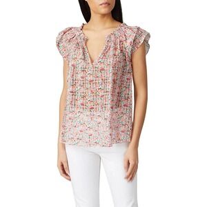 Shoshanna Elodia Top Pink Floral V-Neck Ruffle Sleeve Cotton Silk size small